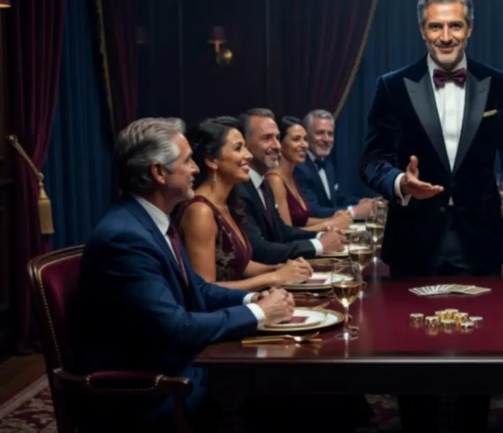 Gospodarz wieczoru w eleganckiej stylizacji prowadzi interakcję z gośćmi przy nastrojowym stole.
